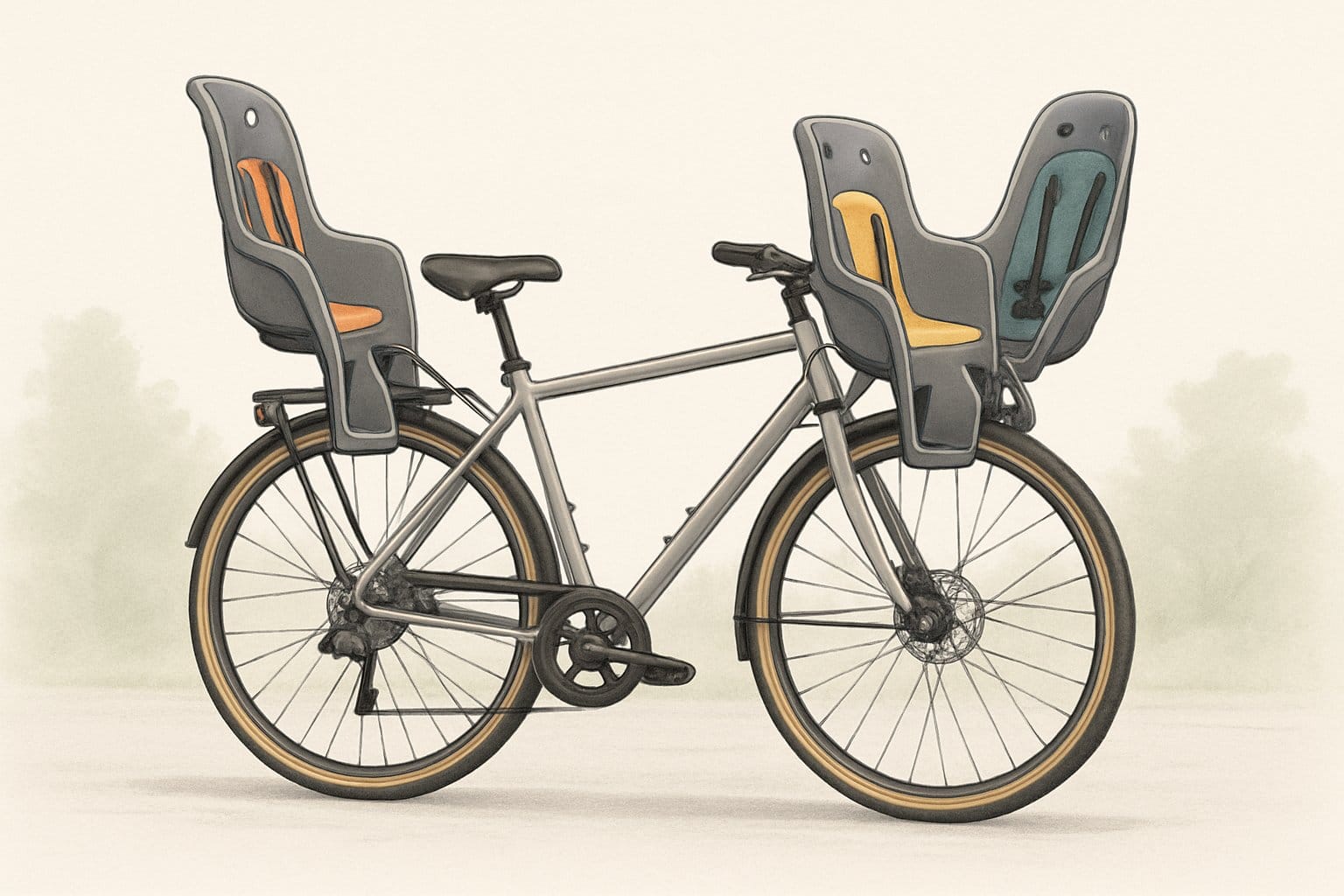 En cykel med tre olika monteringsalternativ för cykelsitsar, inklusive framme vid styret, bak på pakethållaren och på ramen.