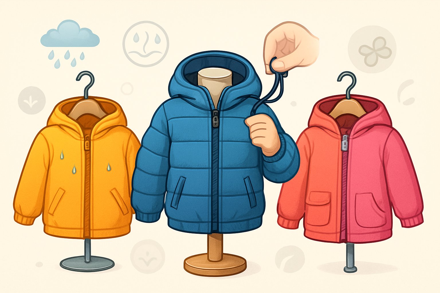 Flera barnjackor i olika färger visas på galgar och dockor med fokus på deras viktiga egenskaper.