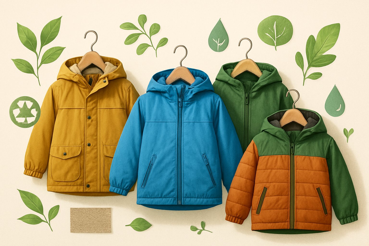 En samling barnjackor i olika färger hängande på trägalgar med gröna blad runtom för att visa hållbarhet.
