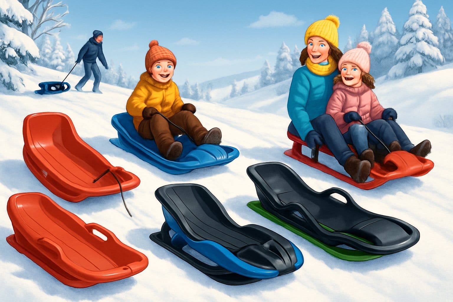 En vinterlandskap med flera färgglada pulkor på en snötäckt kulle där barn och vuxna åker pulka och har roligt.