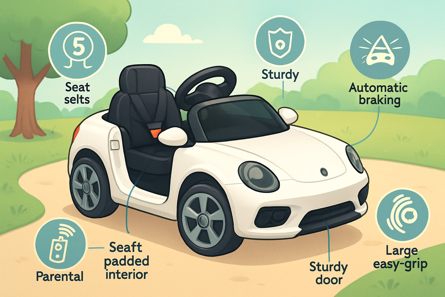 Ett barnvänligt elfordon med säkerhetsfunktioner som säkerhetsbälten och barnlås, placerat i en trygg utomhusmiljö.