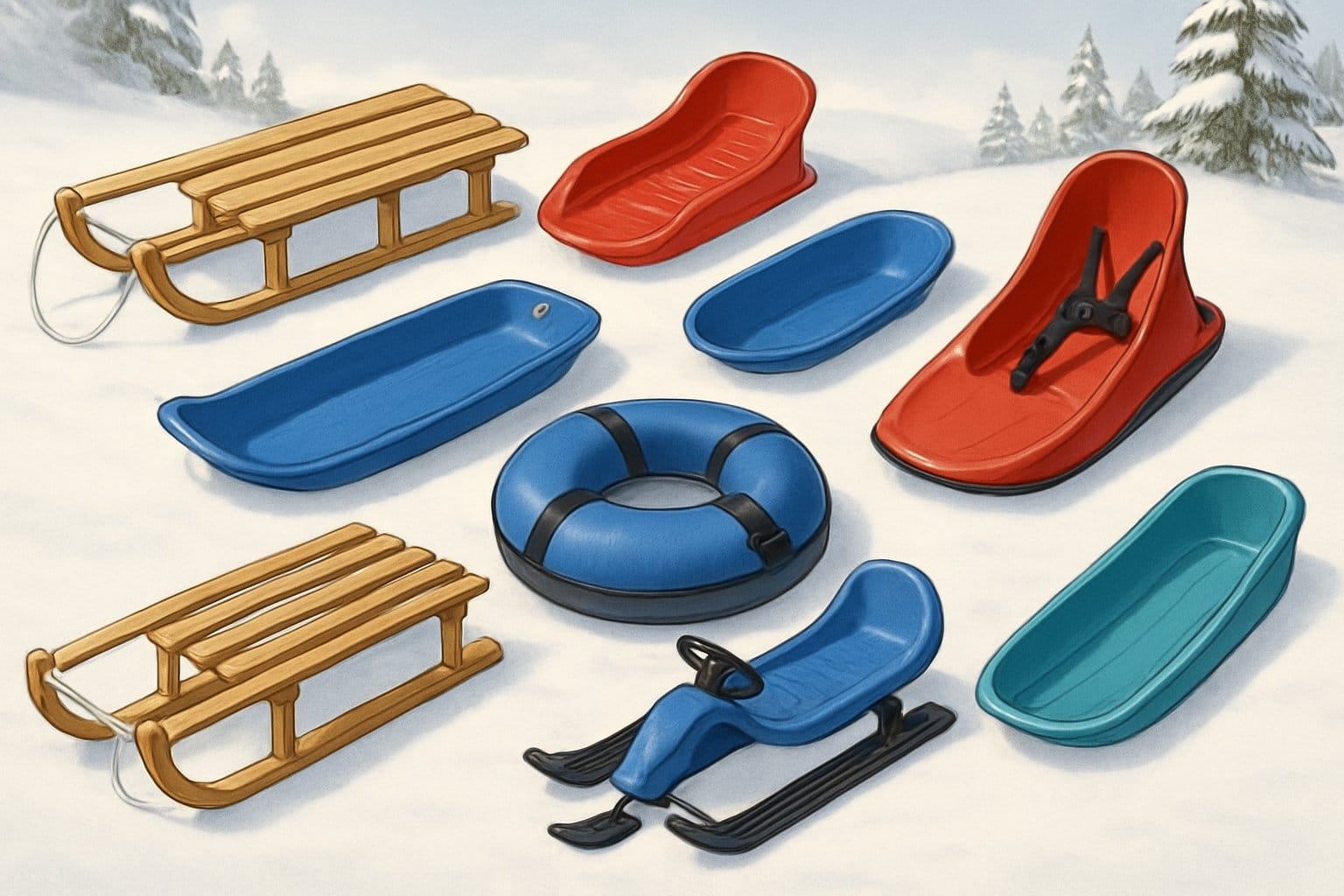 Olika typer av pulkor och deras unika egenskaper på en snötäckt backe med tallar i bakgrunden.