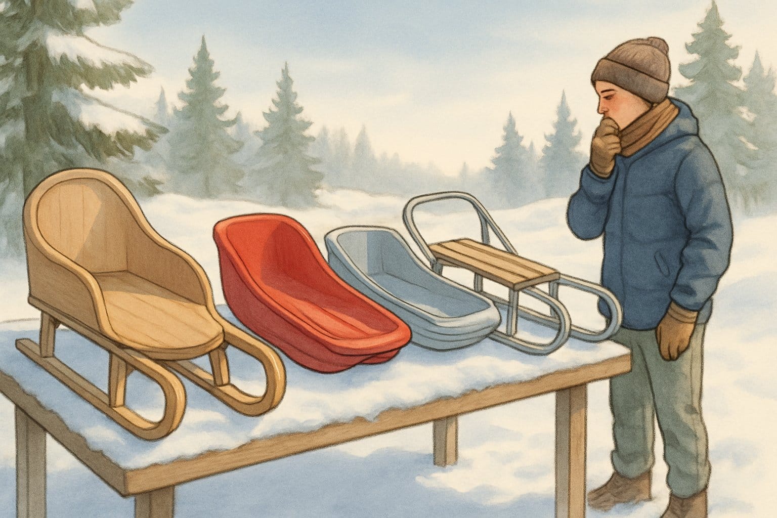 En person som tittar på olika pulkor av trä, plast och metall i en snöig utomhusmiljö med tallar runt omkring.