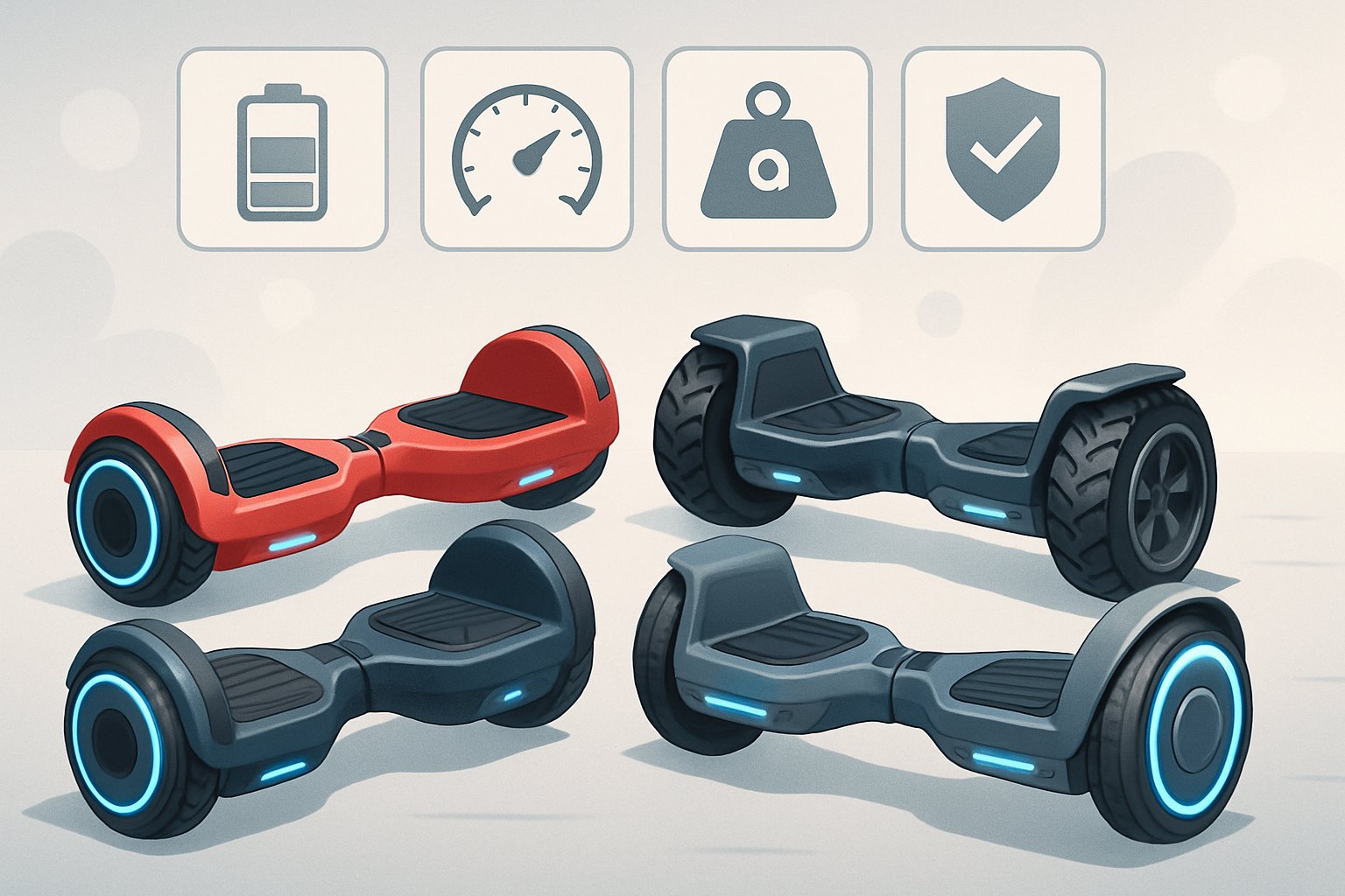 Flera hoverboards visas sida vid sida med ikoner som representerar deras viktiga funktioner.