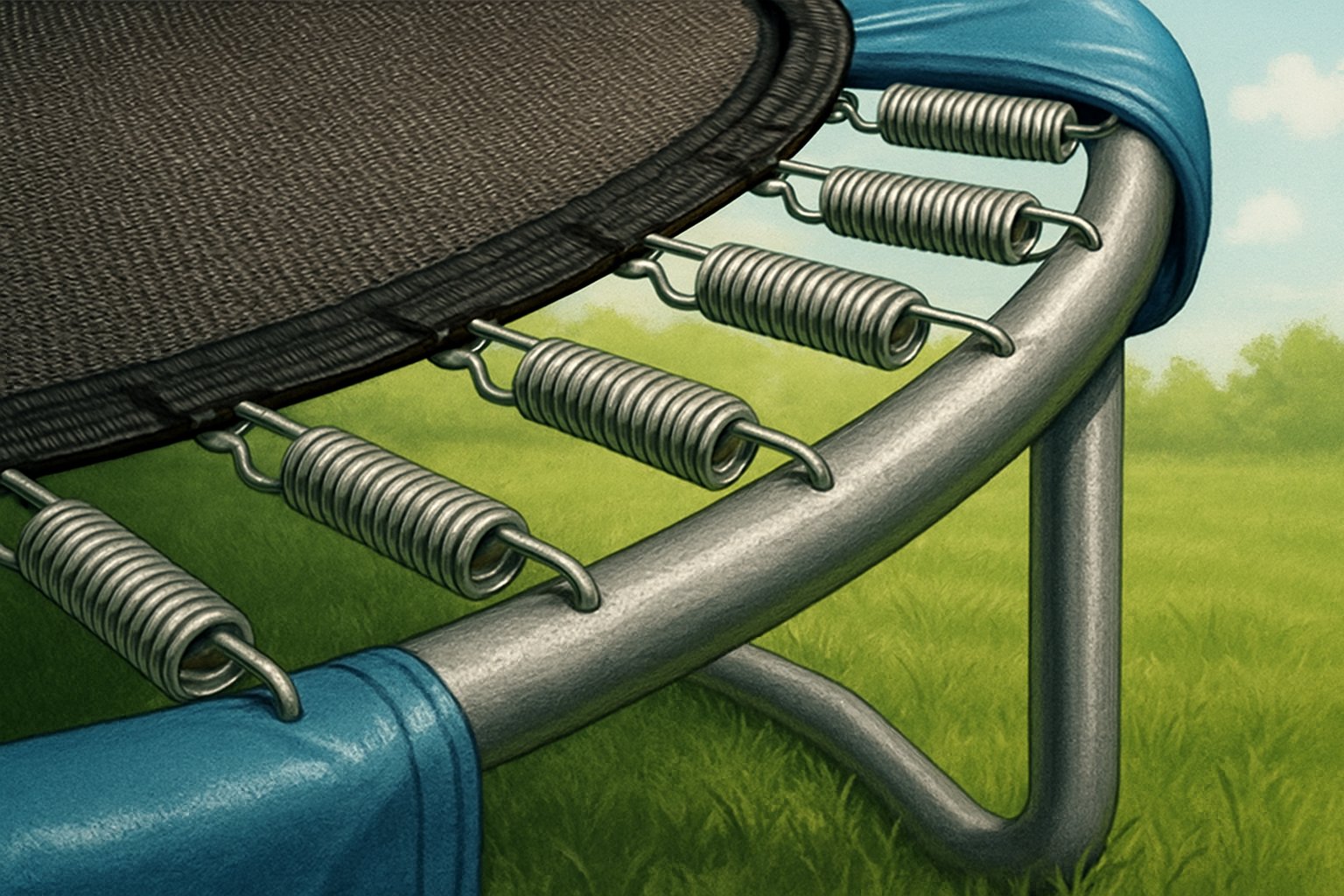 Närbild på en studsmatta som visar dess hållbara material och robusta konstruktion utomhus.