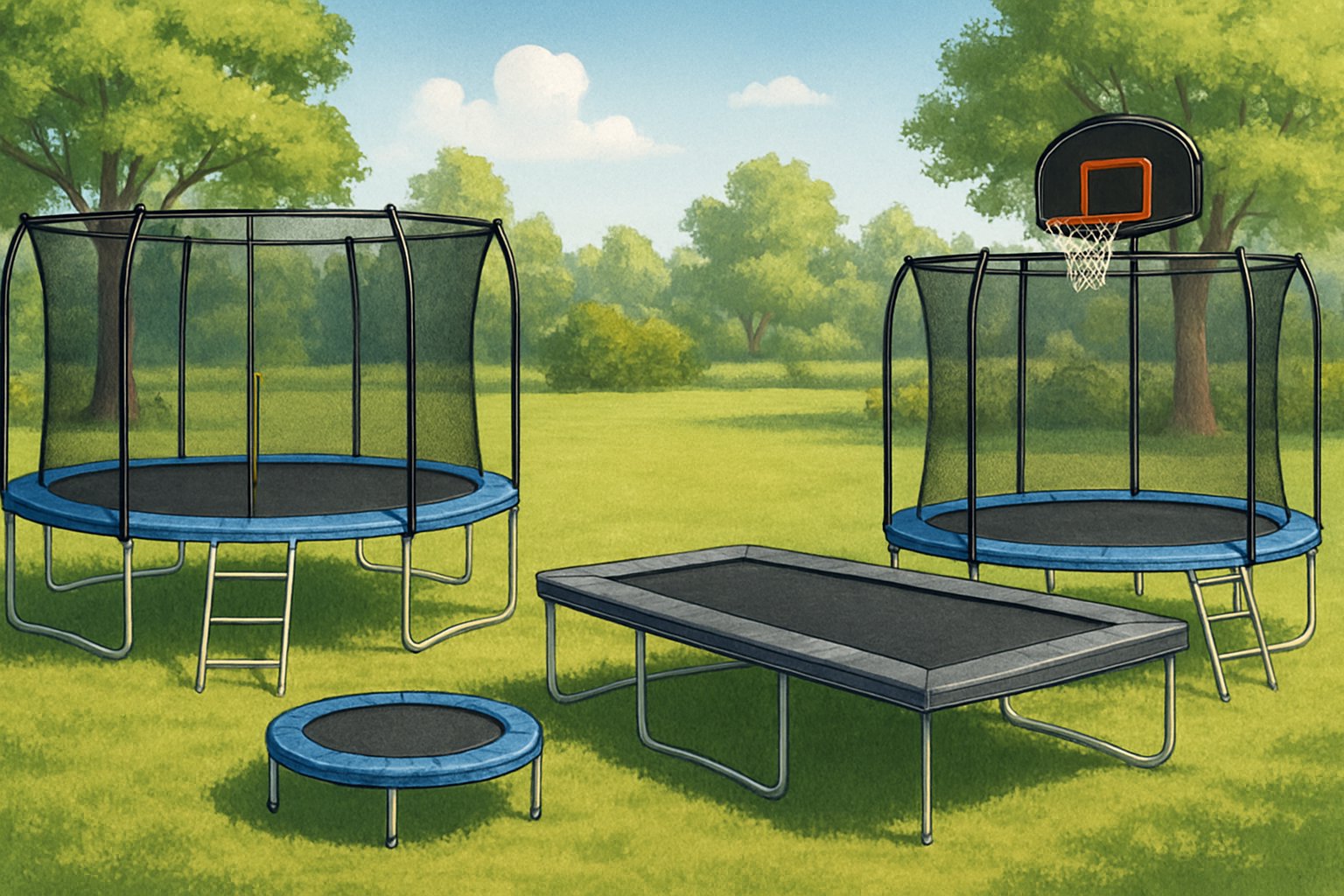 Olika typer av studsmattor i en solig trädgård med grön gräsmatta och träd runtomkring.