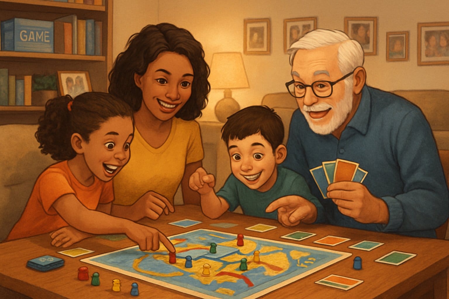 En familj sitter runt ett bord och spelar ett brädspel tillsammans, alla ser glada och engagerade ut.